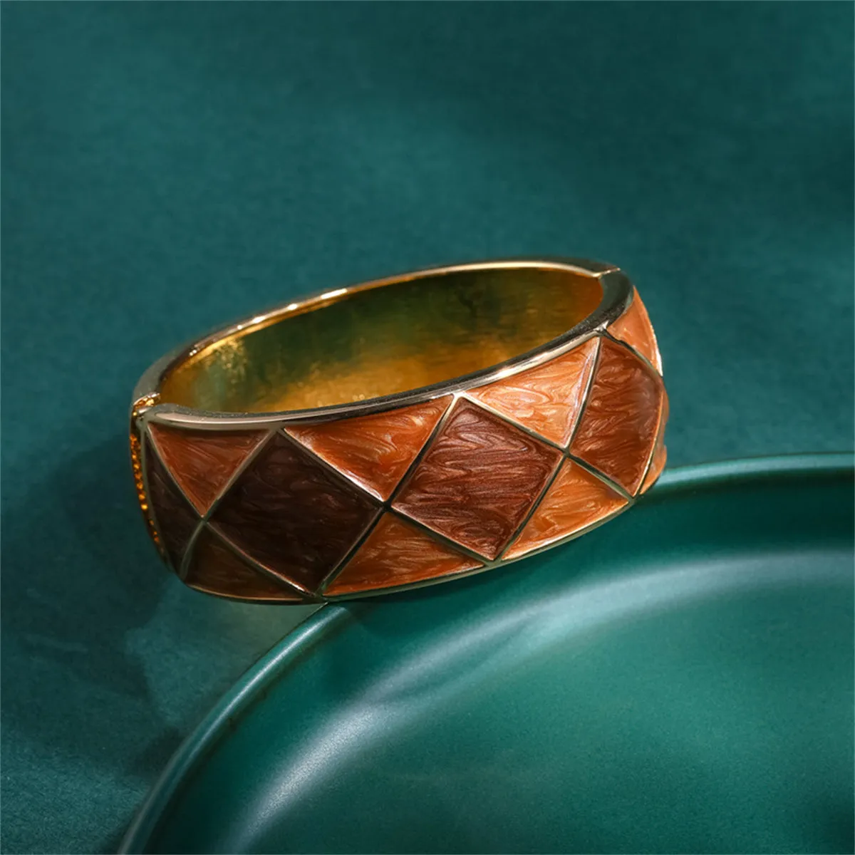 Brown Enamel & 18K Gold-Plated Rhombus Bangle