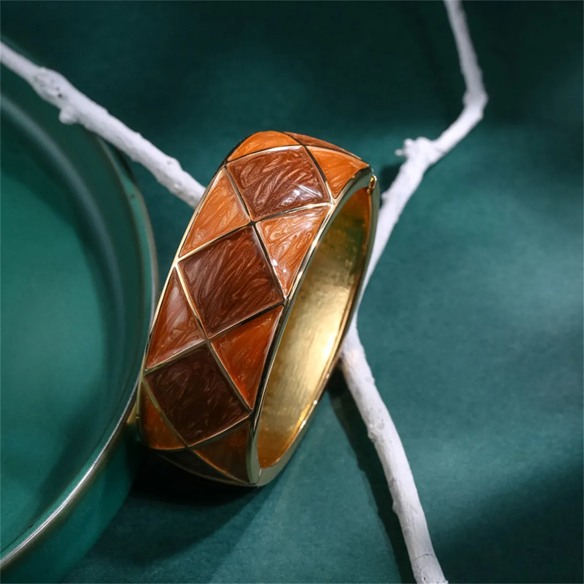 Brown Enamel & 18K Gold-Plated Rhombus Bangle