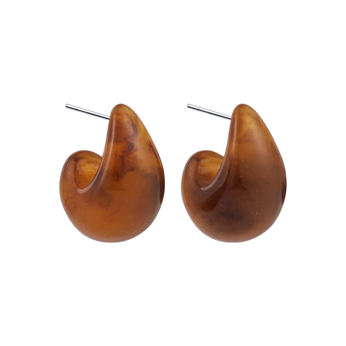 Brown Resin Marbled Chunky C-Shape Huggie Earrings