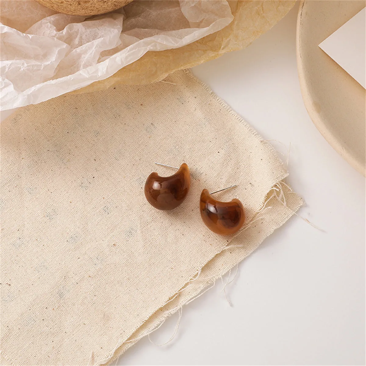 Brown Resin Marbled Chunky C-Shape Huggie Earrings