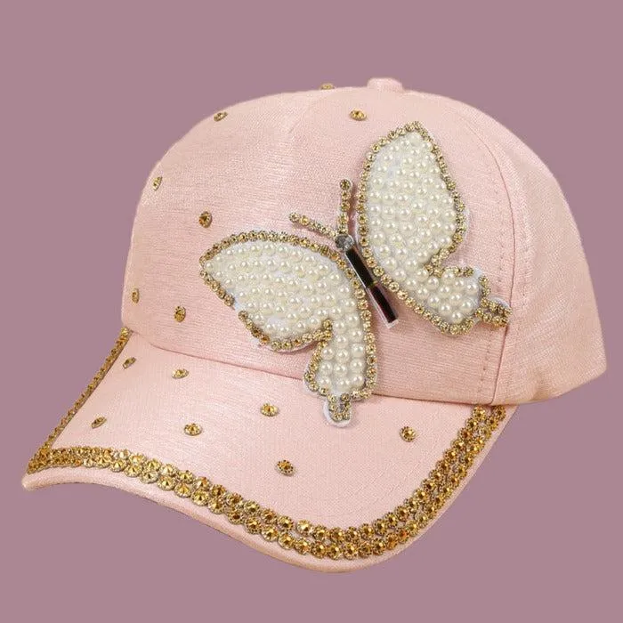 Butterfly Women's Hat Sequined Pink Baseball Cap