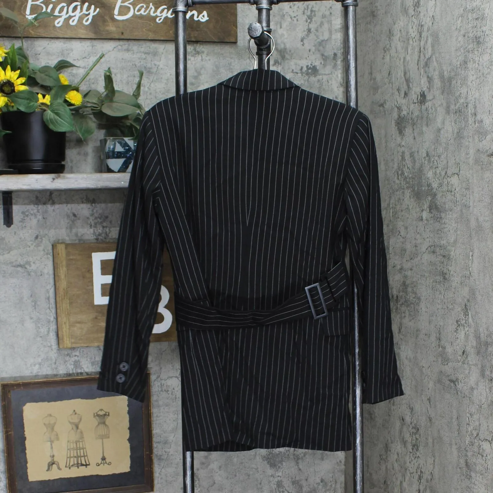 Calvin Klein Women's Pinstripe Belted Jacket O29JS552 Black 4