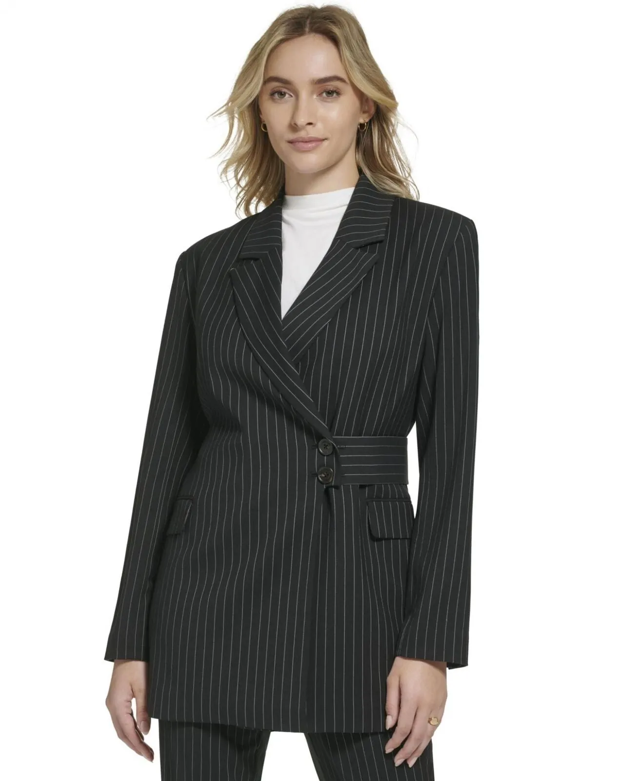 Calvin Klein Women's Pinstripe Belted Jacket O29JS552 Black 4