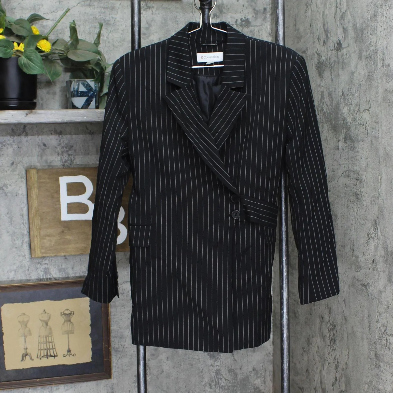Calvin Klein Women's Pinstripe Belted Jacket O29JS552 Black 4