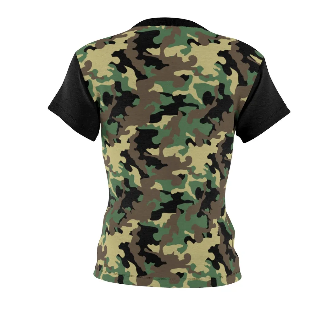Camo Pattern Women's Tee Green, Brown and Black Camouflage With Contrast Sleeves
