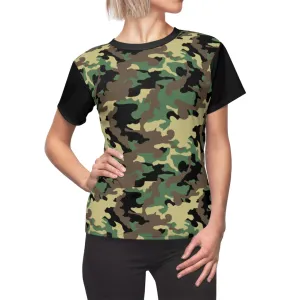 Camo Pattern Women's Tee Green, Brown and Black Camouflage With Contrast Sleeves