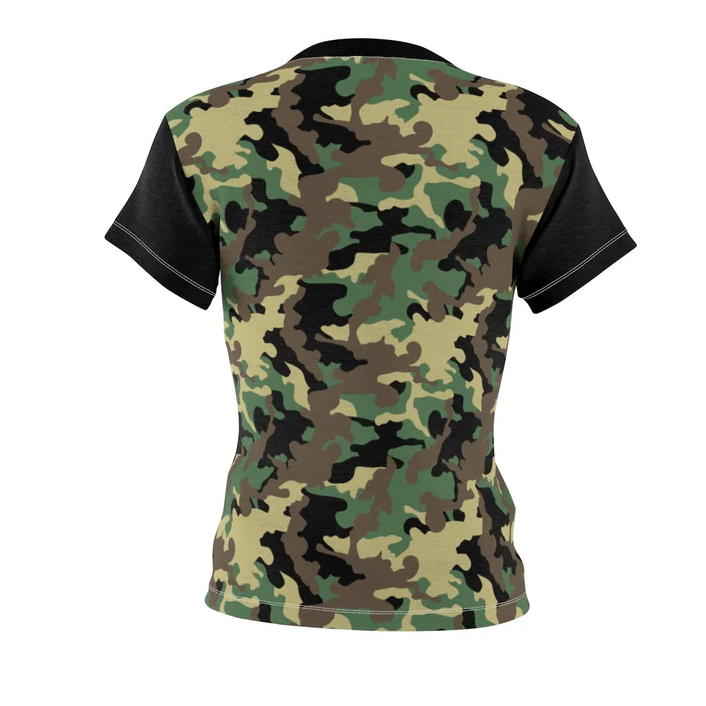 Camo Pattern Women's Tee Green, Brown and Black Camouflage With Contrast Sleeves