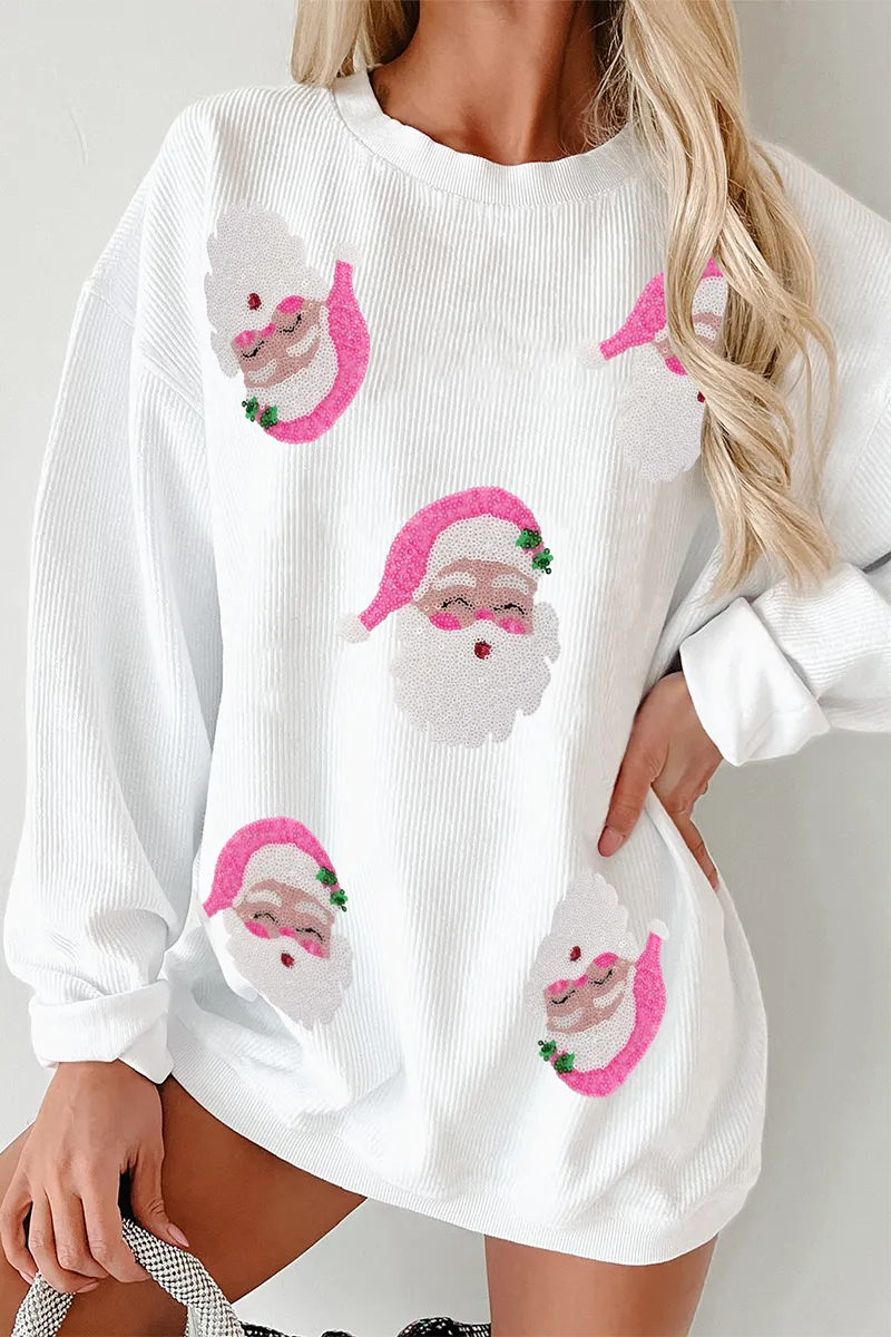 Casual Santa Claus Sequins O Neck Sweats