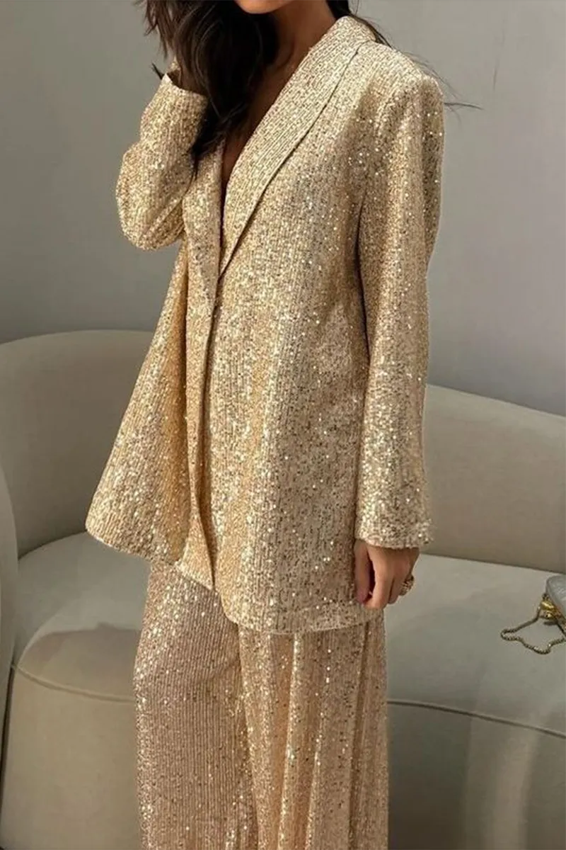 Casual Sequins Sequined Turn-back Collar Long Sleeve Two Pieces(3 Colors)