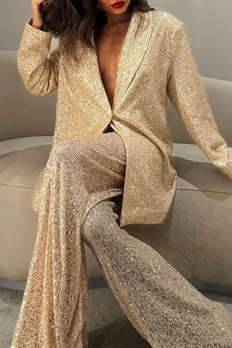 Casual Sequins Sequined Turn-back Collar Long Sleeve Two Pieces(3 Colors)