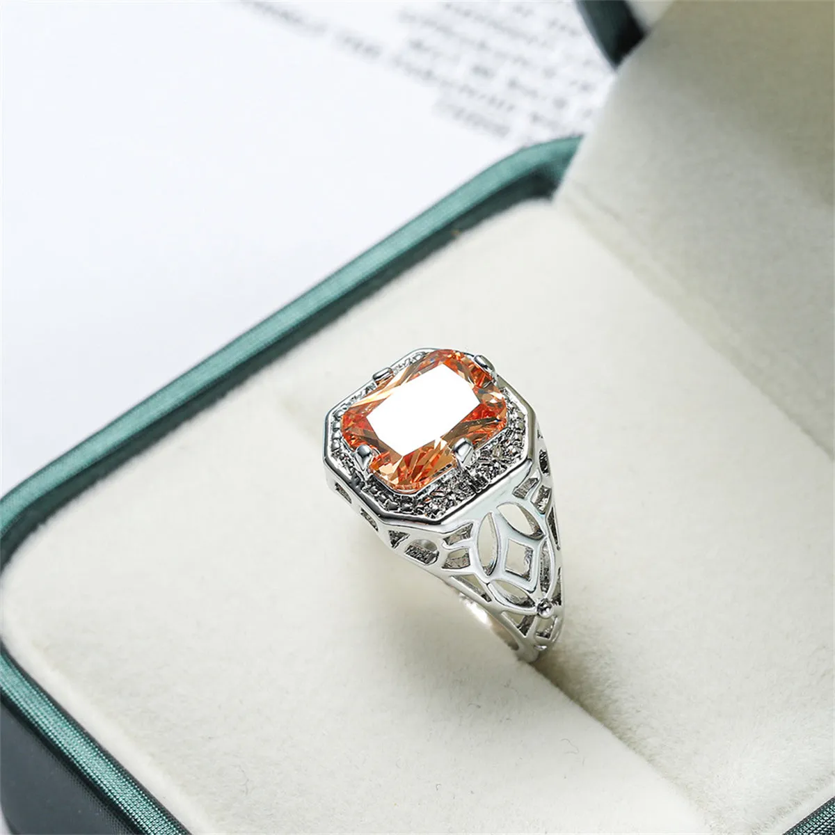 Champagne Crystal & Silver-Plated Openwork Radiant-Cut Ring