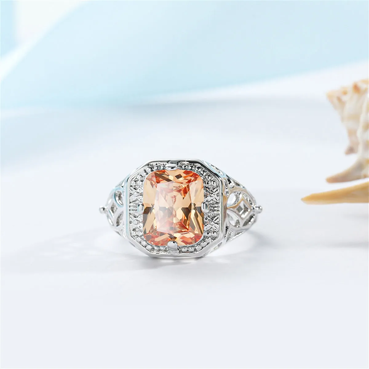 Champagne Crystal & Silver-Plated Openwork Radiant-Cut Ring