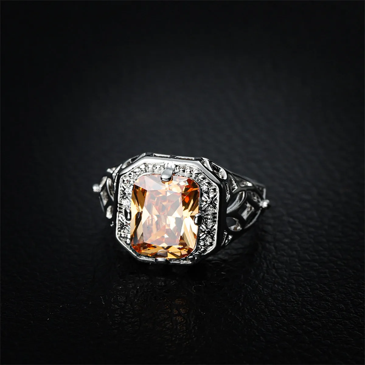 Champagne Crystal & Silver-Plated Openwork Radiant-Cut Ring