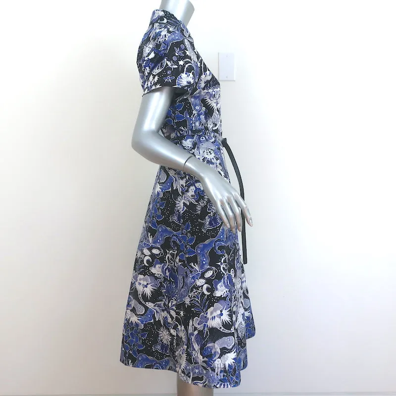 Christian Dior Belted Shirtdress Blue Celestial Print Cotton Size US 6