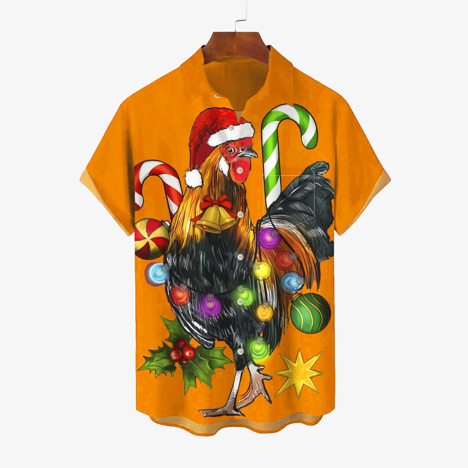 Christmas Rooster Colorful Lights Casual Short Sleeve Shirt 2411001428