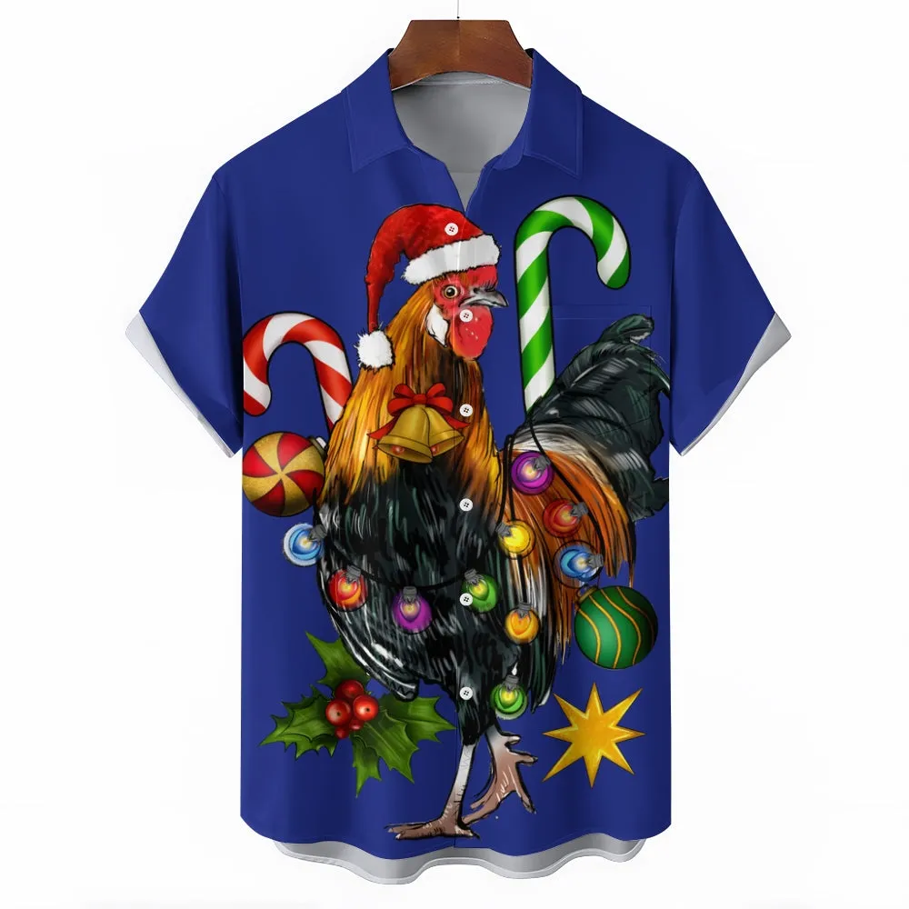 Christmas Rooster Colorful Lights Casual Short Sleeve Shirt 2411001428