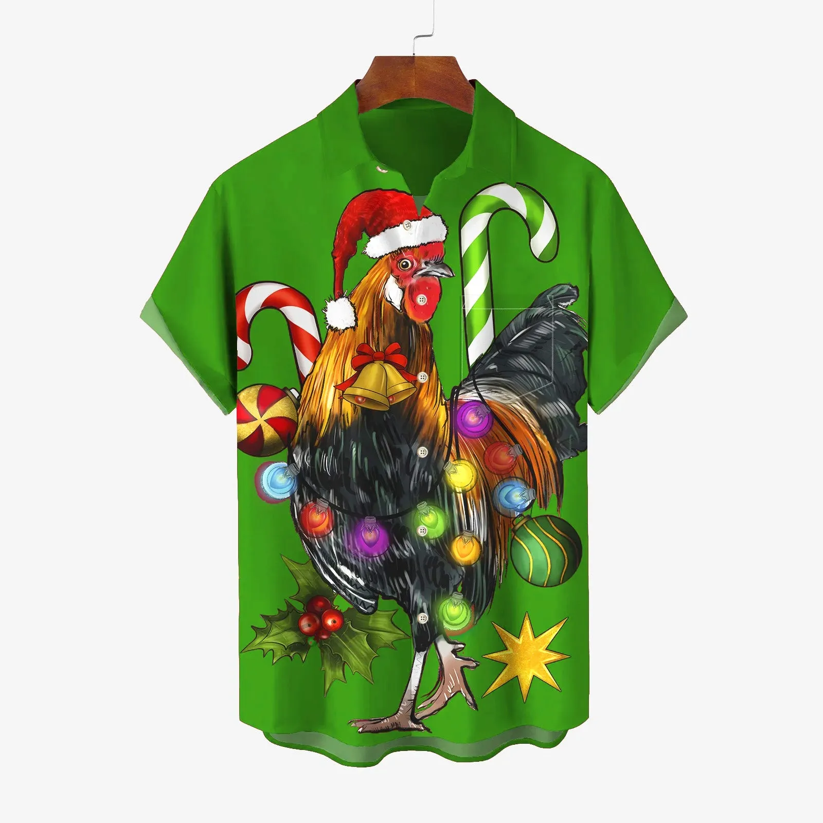 Christmas Rooster Colorful Lights Casual Short Sleeve Shirt 2411001428