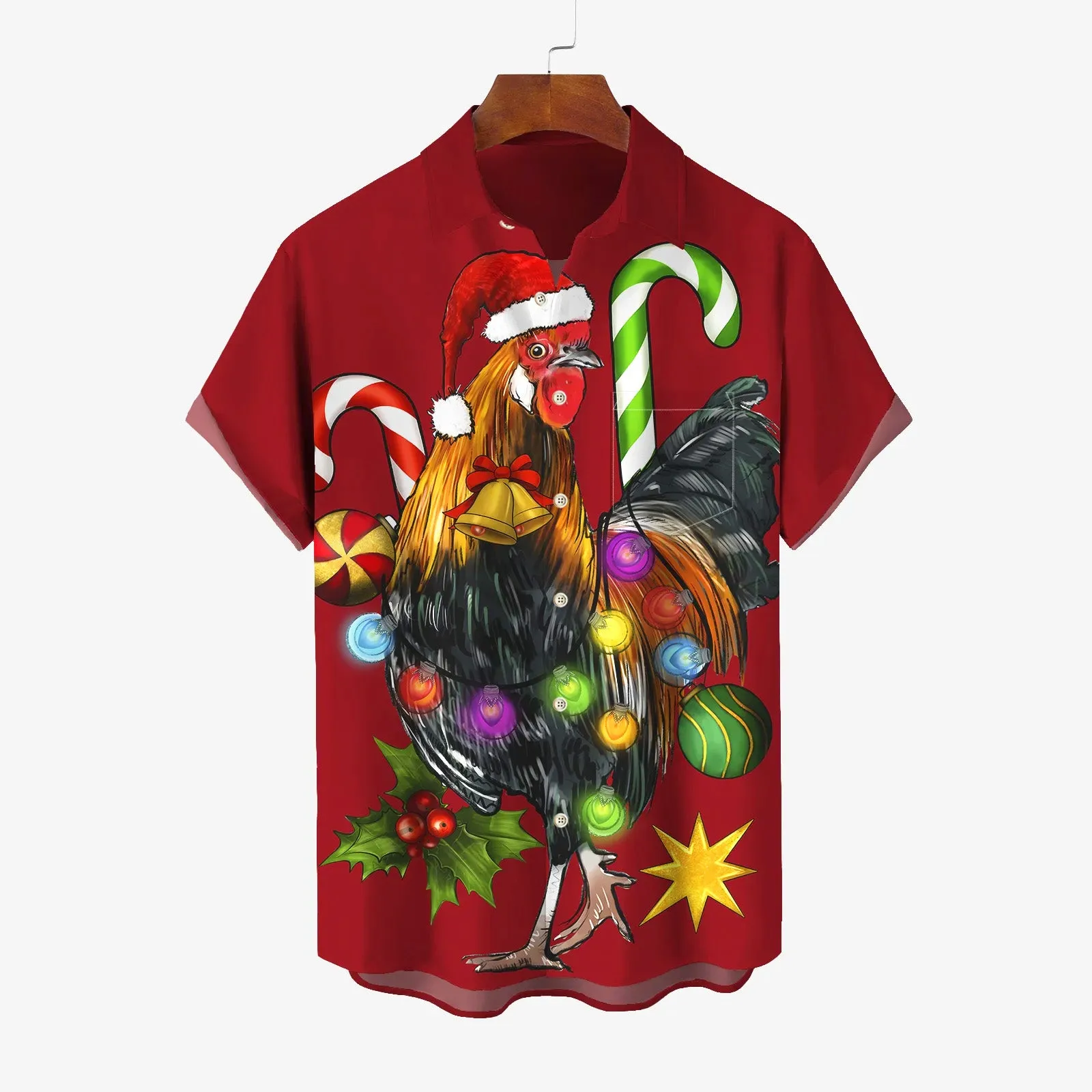 Christmas Rooster Colorful Lights Casual Short Sleeve Shirt 2411001428
