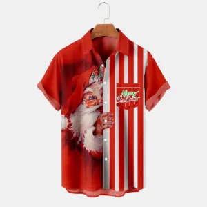 Christmas Santa Fun Stripe Print Short Sleeve Shirt