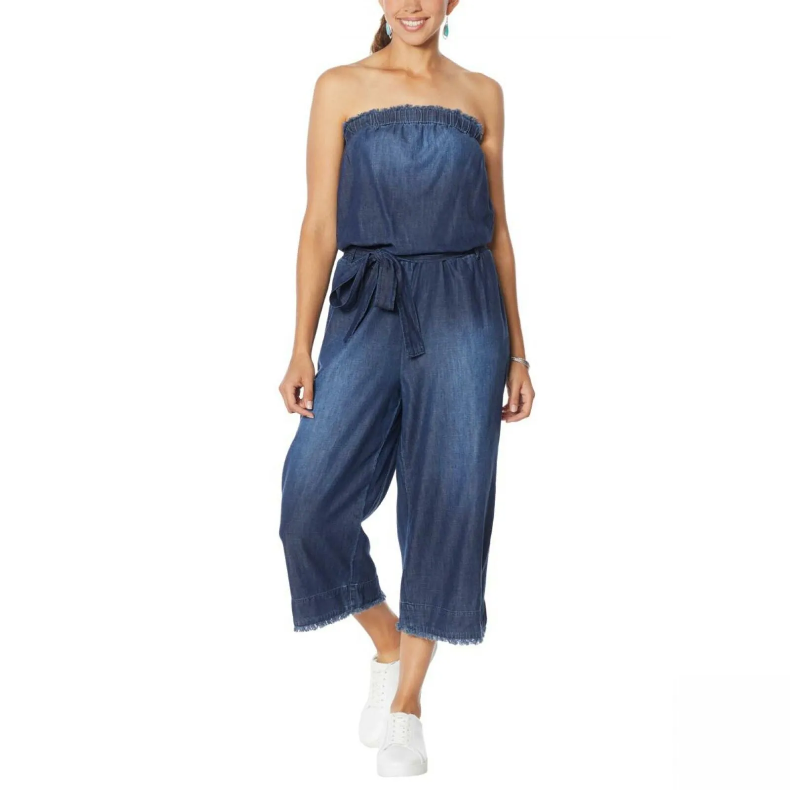 Colleen Lopez Women's Strapless Denim Jumpsuit With Belted Waist