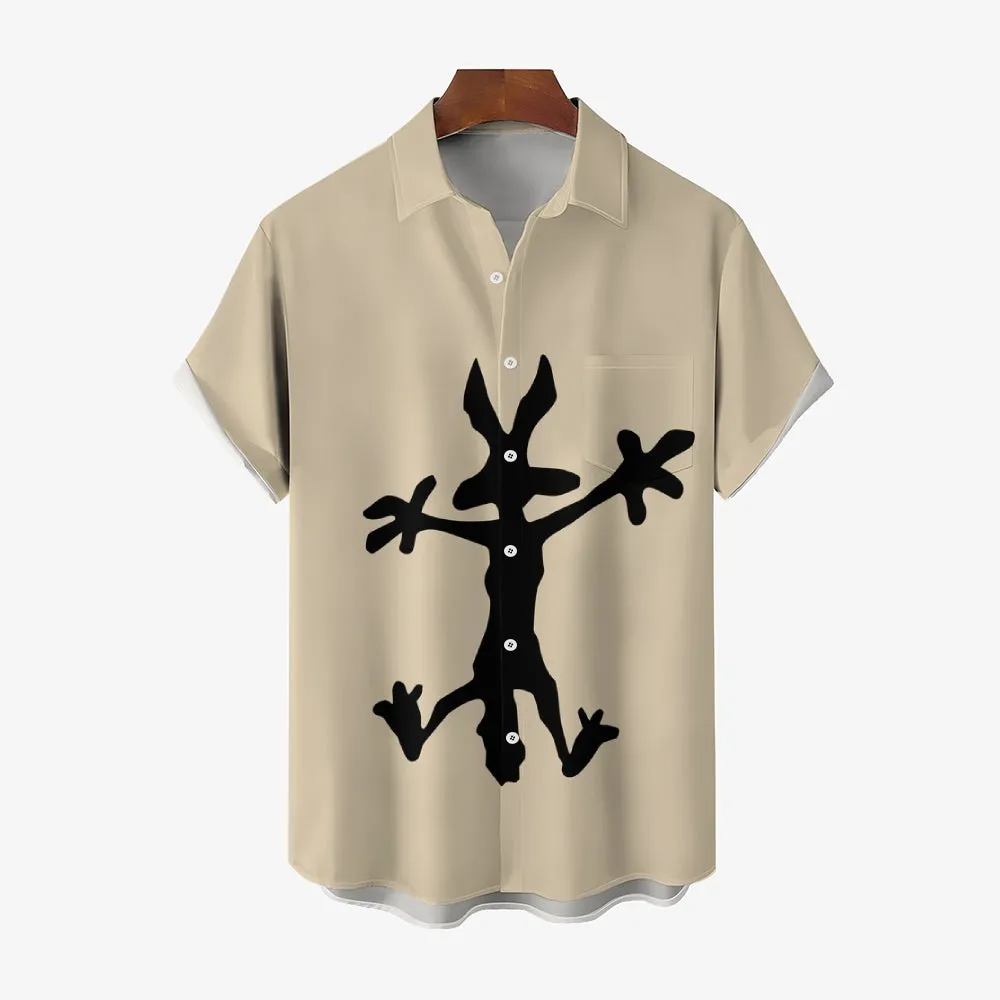 Coyote Splat Hitting Cartoon Print Casual Short Sleeve Shirt 2411012309