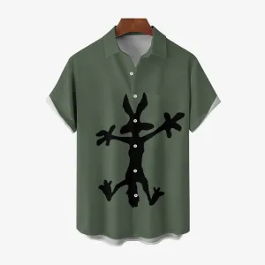 Coyote Splat Hitting Cartoon Print Casual Short Sleeve Shirt 2411012309