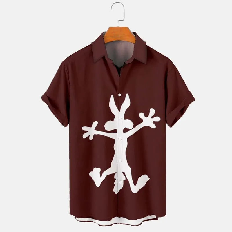 Coyote Splat Hitting Cartoon Print Casual Short Sleeve Shirt 2411012309