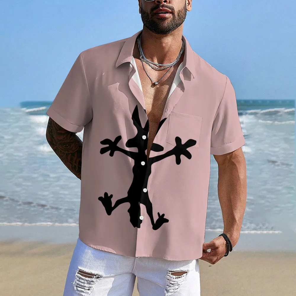 Coyote Splat Hitting Cartoon Print Casual Short Sleeve Shirt 2411012309