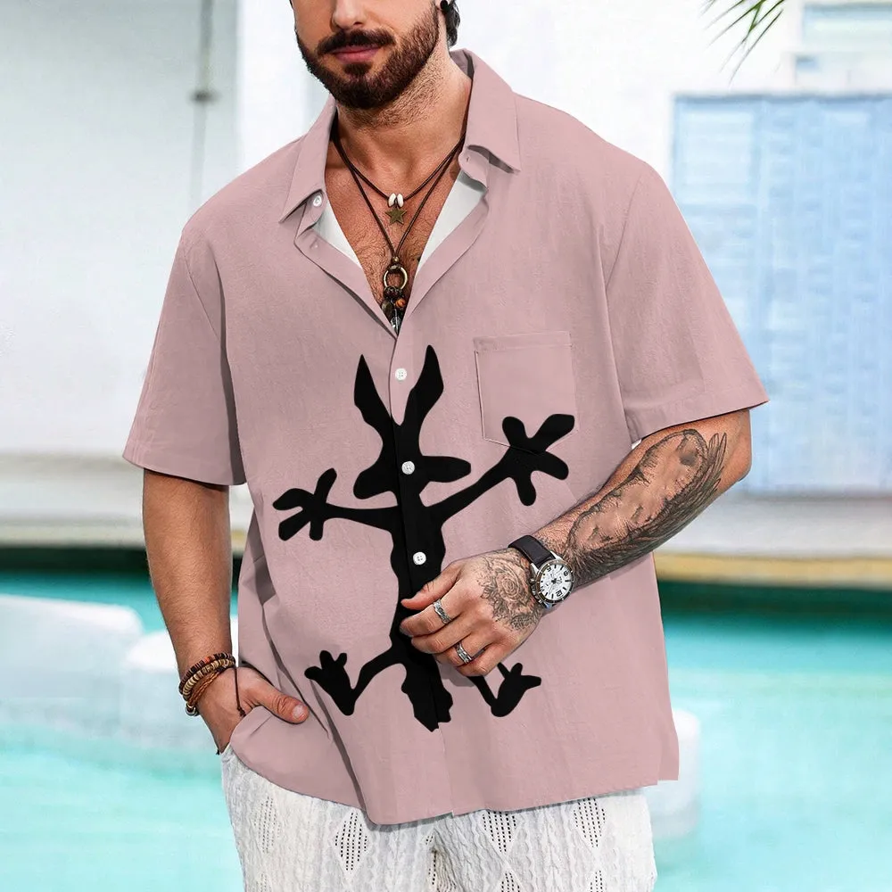 Coyote Splat Hitting Cartoon Print Casual Short Sleeve Shirt 2411012309