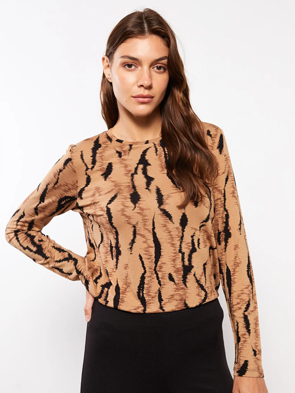 Crew Neck Patterned Long Sleeve Women's T-Shirt