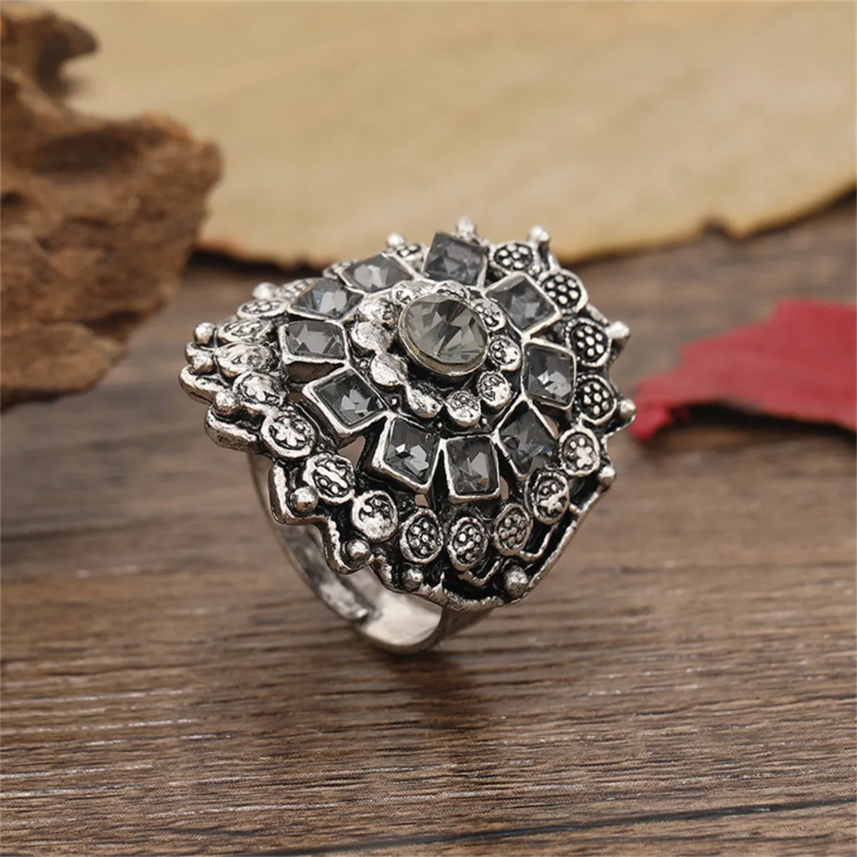 Crystal & Cubic Zirconia Flower Adjustable Ring