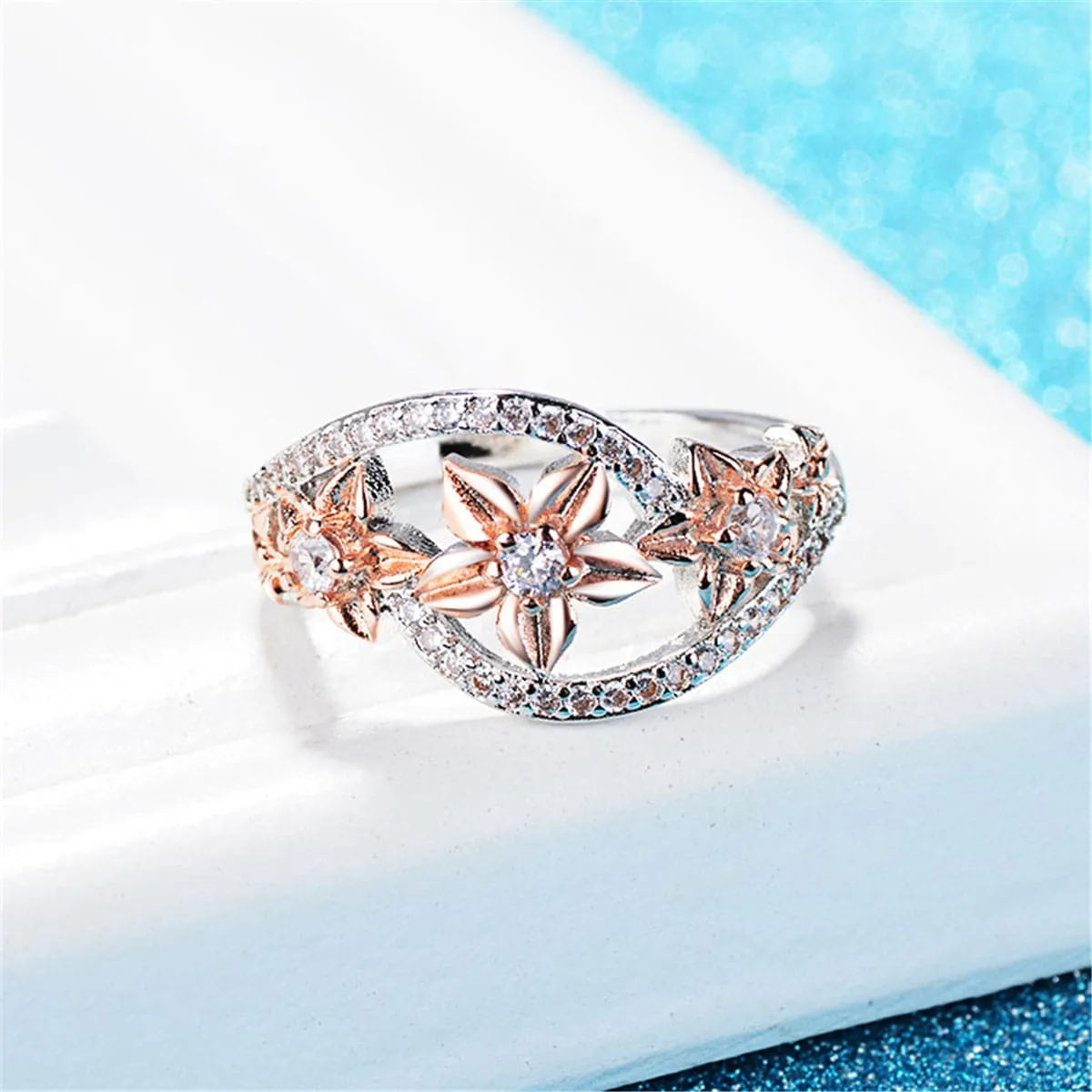 Crystal & Cubic Zirconia Link Floral Ring