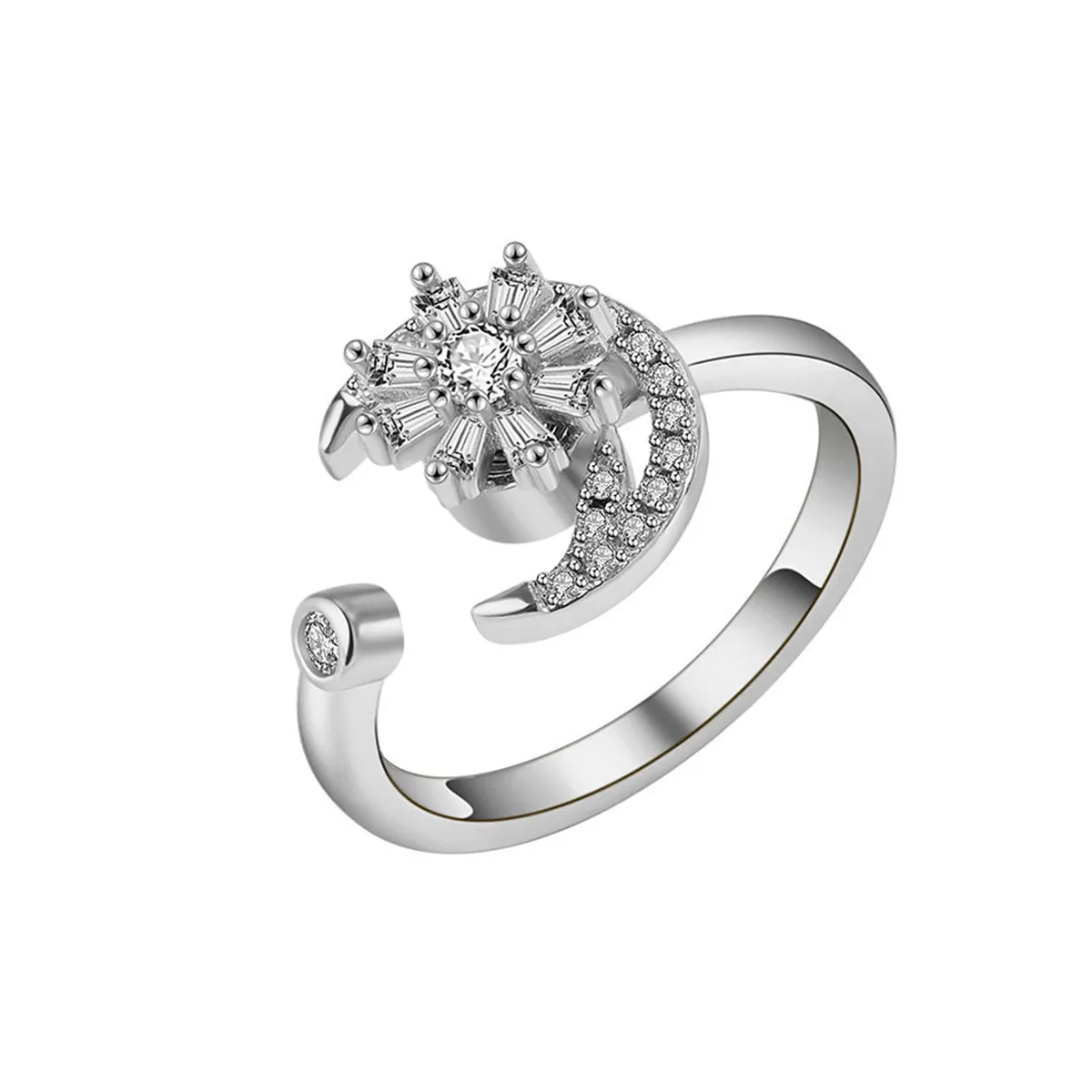 Crystal & Cubic Zirconia Rotating Floral Moon Ring