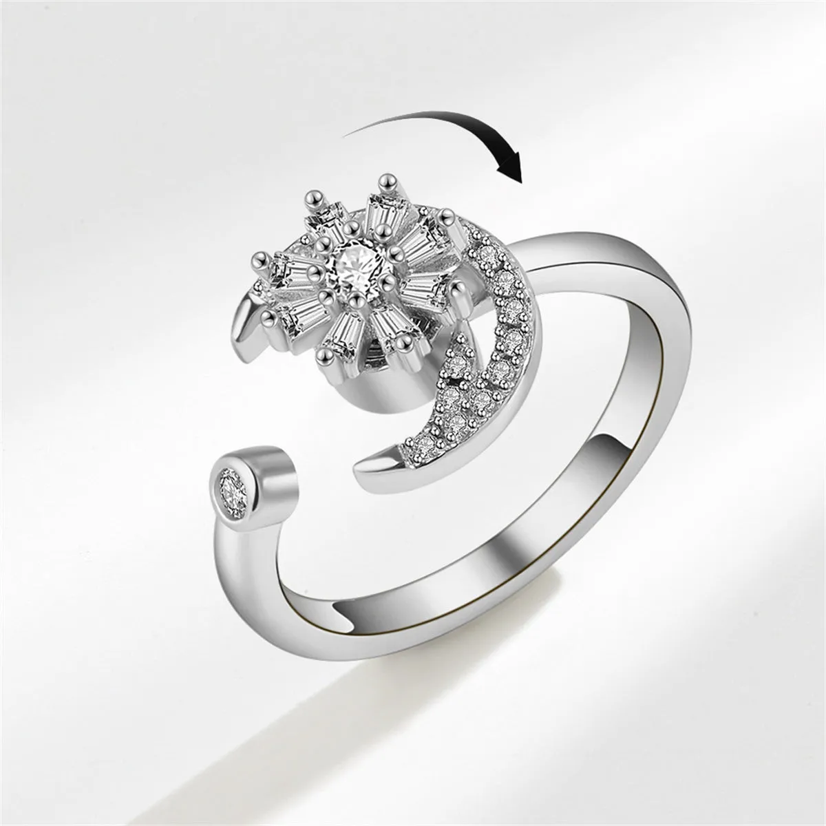 Crystal & Cubic Zirconia Rotating Floral Moon Ring