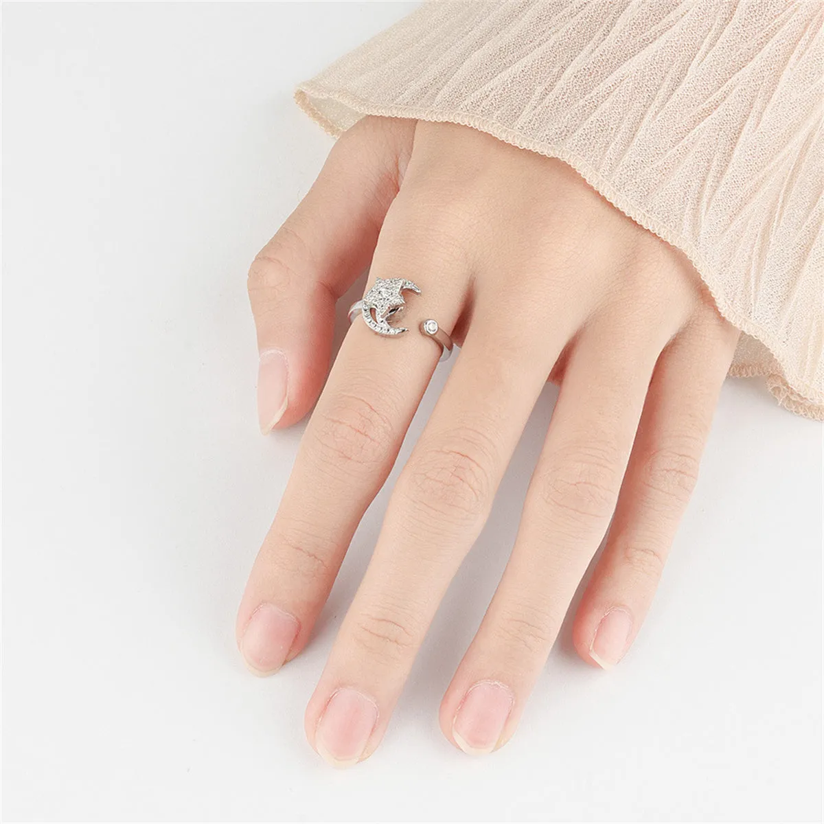 Crystal & Cubic Zirconia Rotating Floral Moon Ring