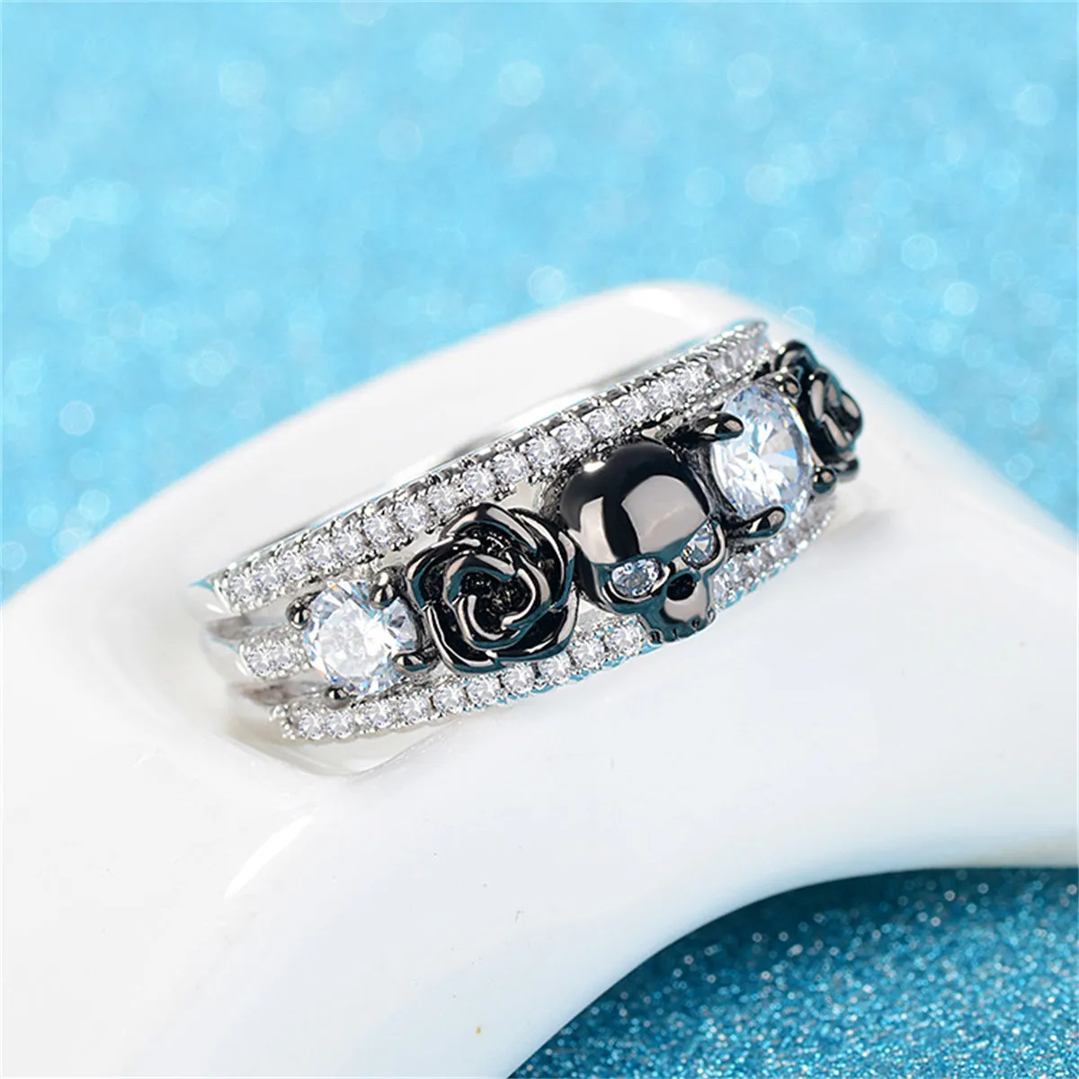 Crystal & Cubic Zirconia Two-Tone Skull Rose Ring