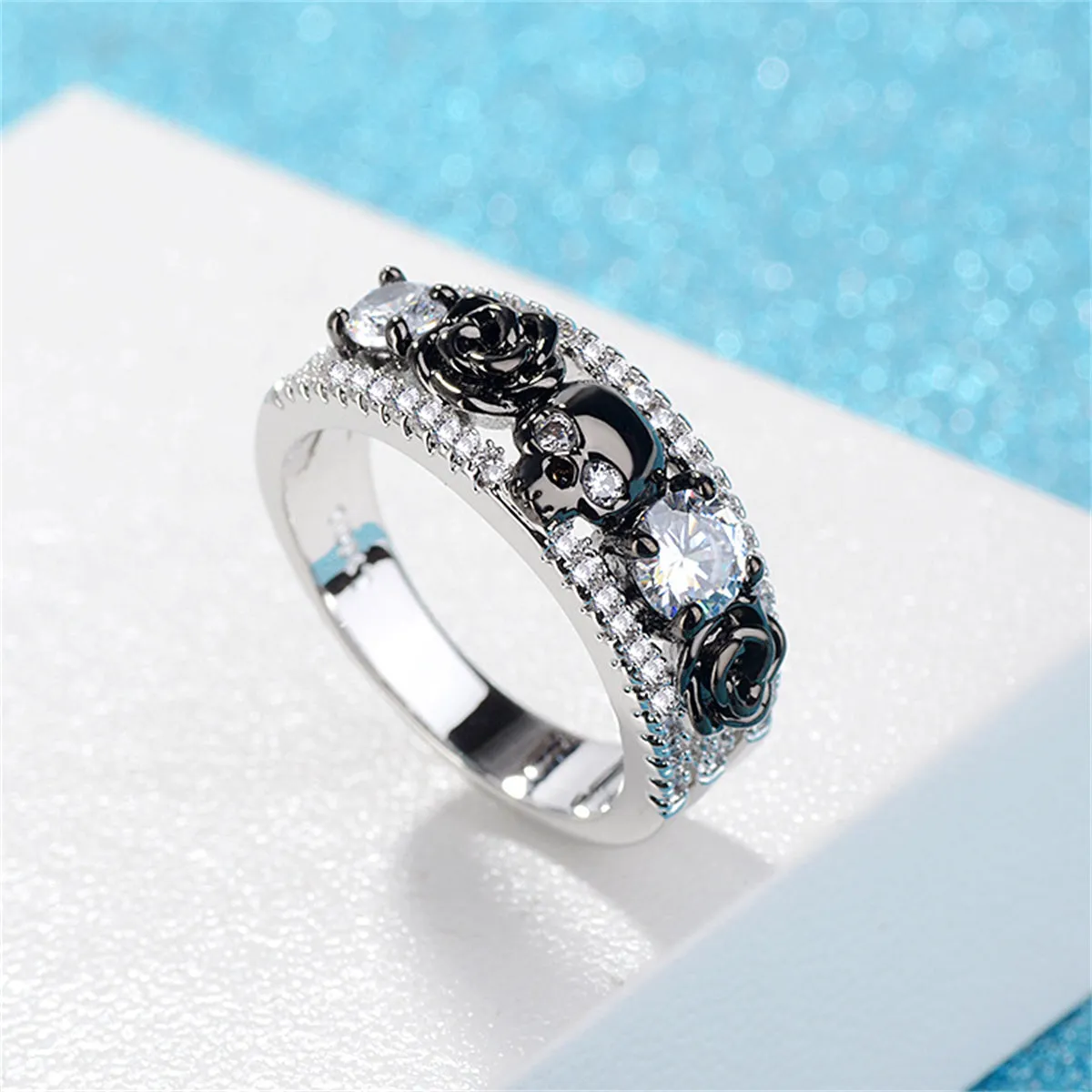 Crystal & Cubic Zirconia Two-Tone Skull Rose Ring