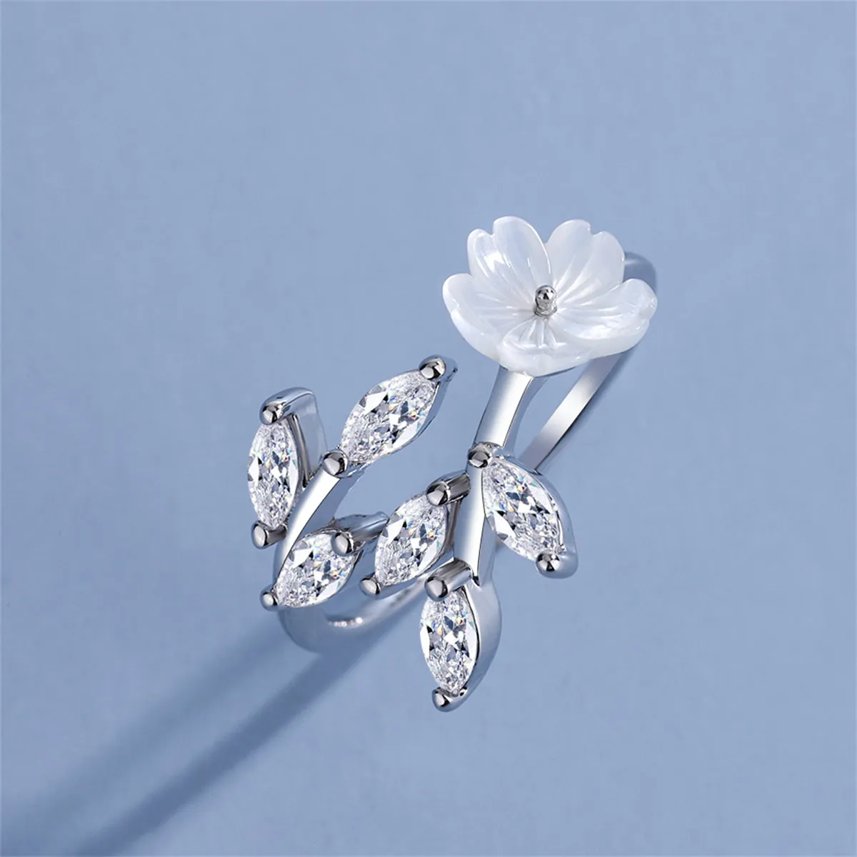 Crystal & Shell Silver-Plated Rattan Flower Bypass Ring