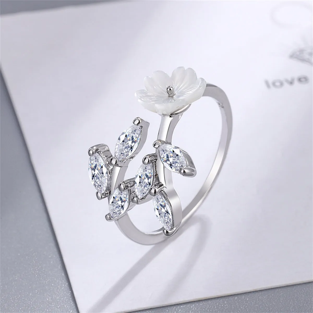 Crystal & Shell Silver-Plated Rattan Flower Bypass Ring
