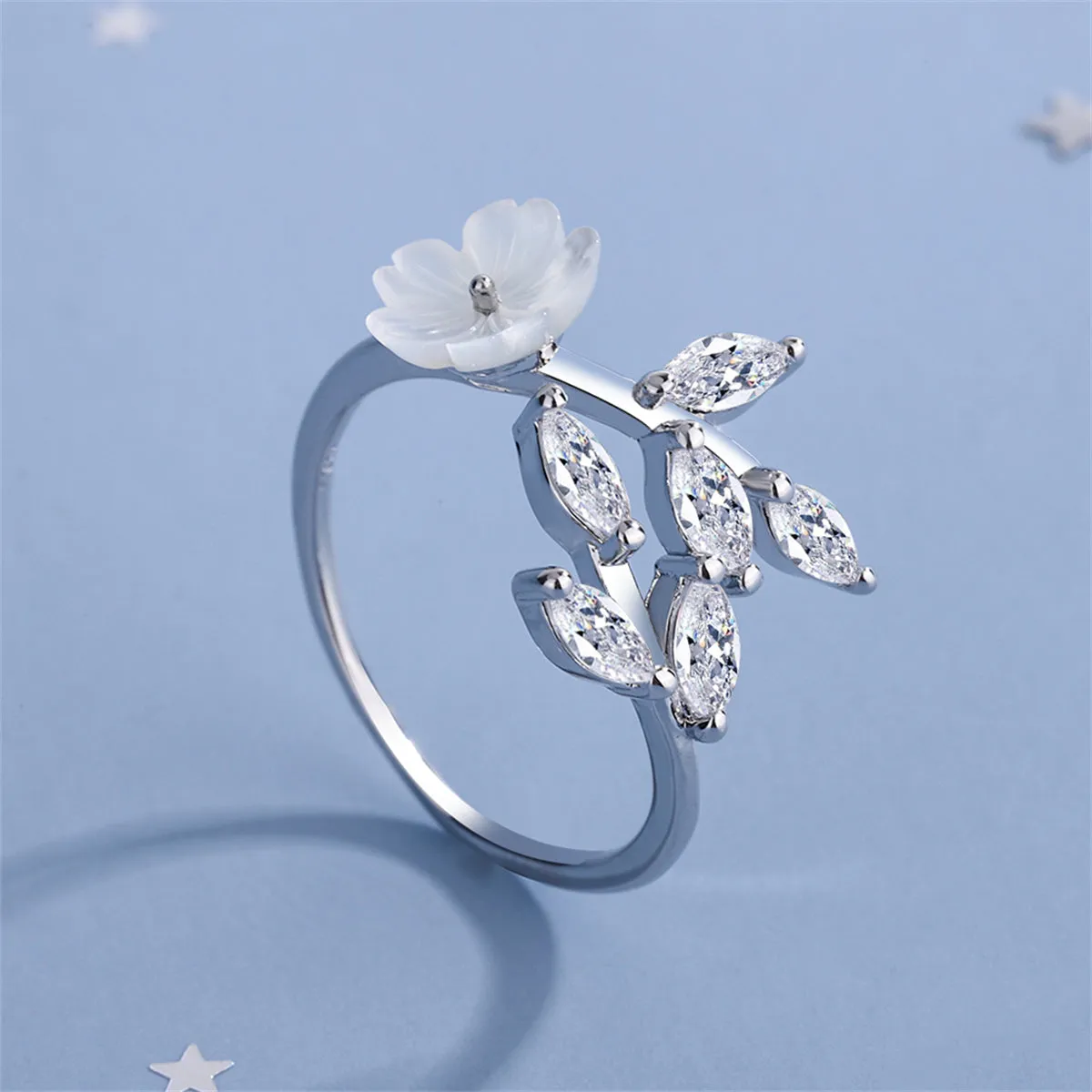 Crystal & Shell Silver-Plated Rattan Flower Bypass Ring