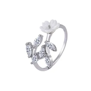 Crystal & Shell Silver-Plated Rattan Flower Bypass Ring