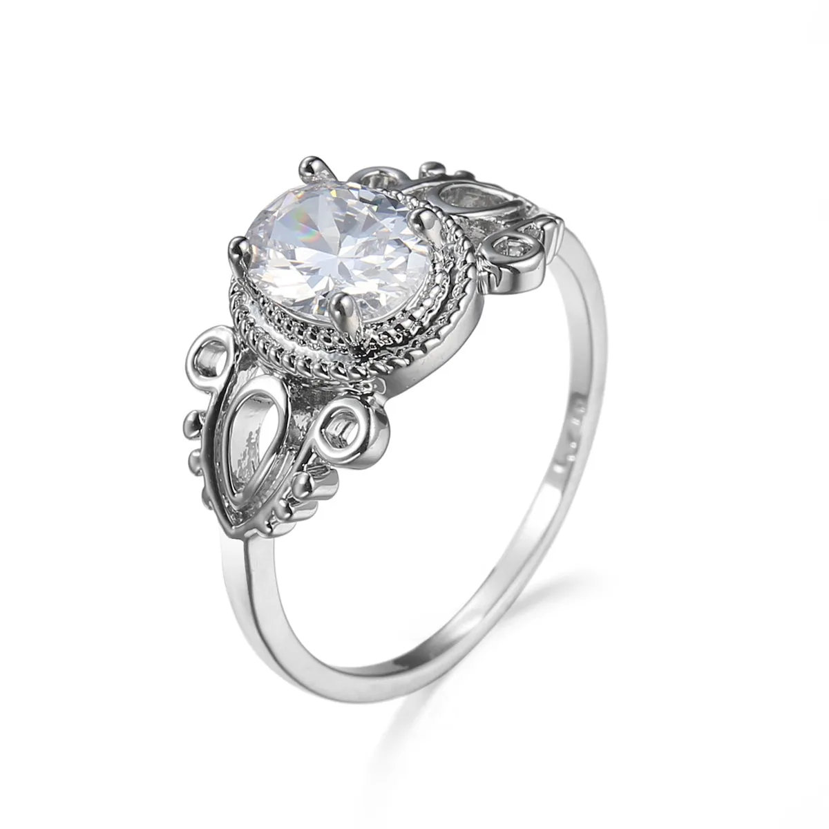 Crystal & Silver-Plated Openwork Milgrain Oval-Cut Ring