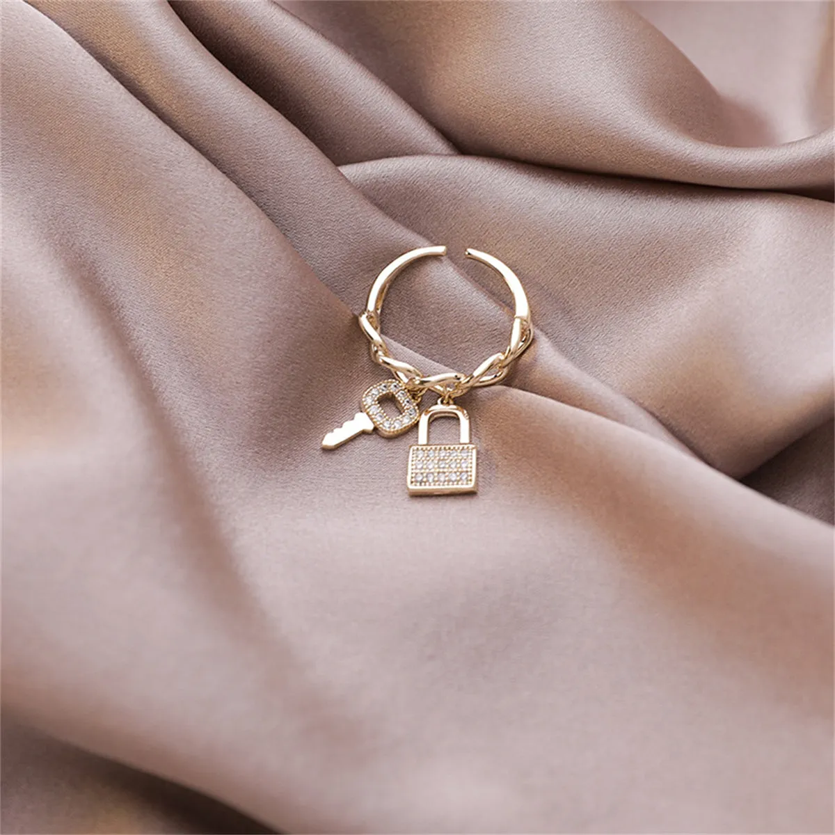 Cubic Zirconia & 18K Gold-Plated Key & Lock Charm Open Ring