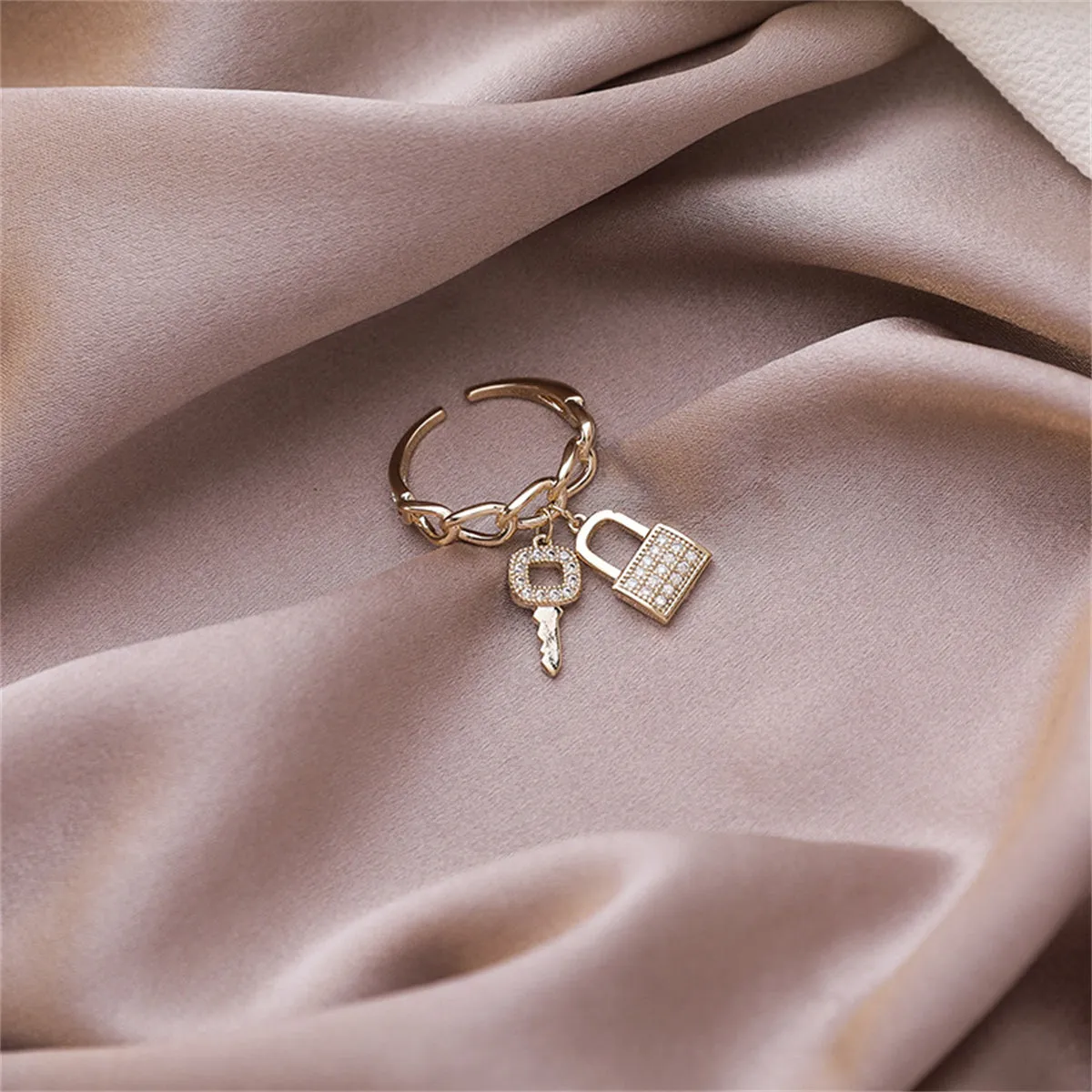 Cubic Zirconia & 18K Gold-Plated Key & Lock Charm Open Ring
