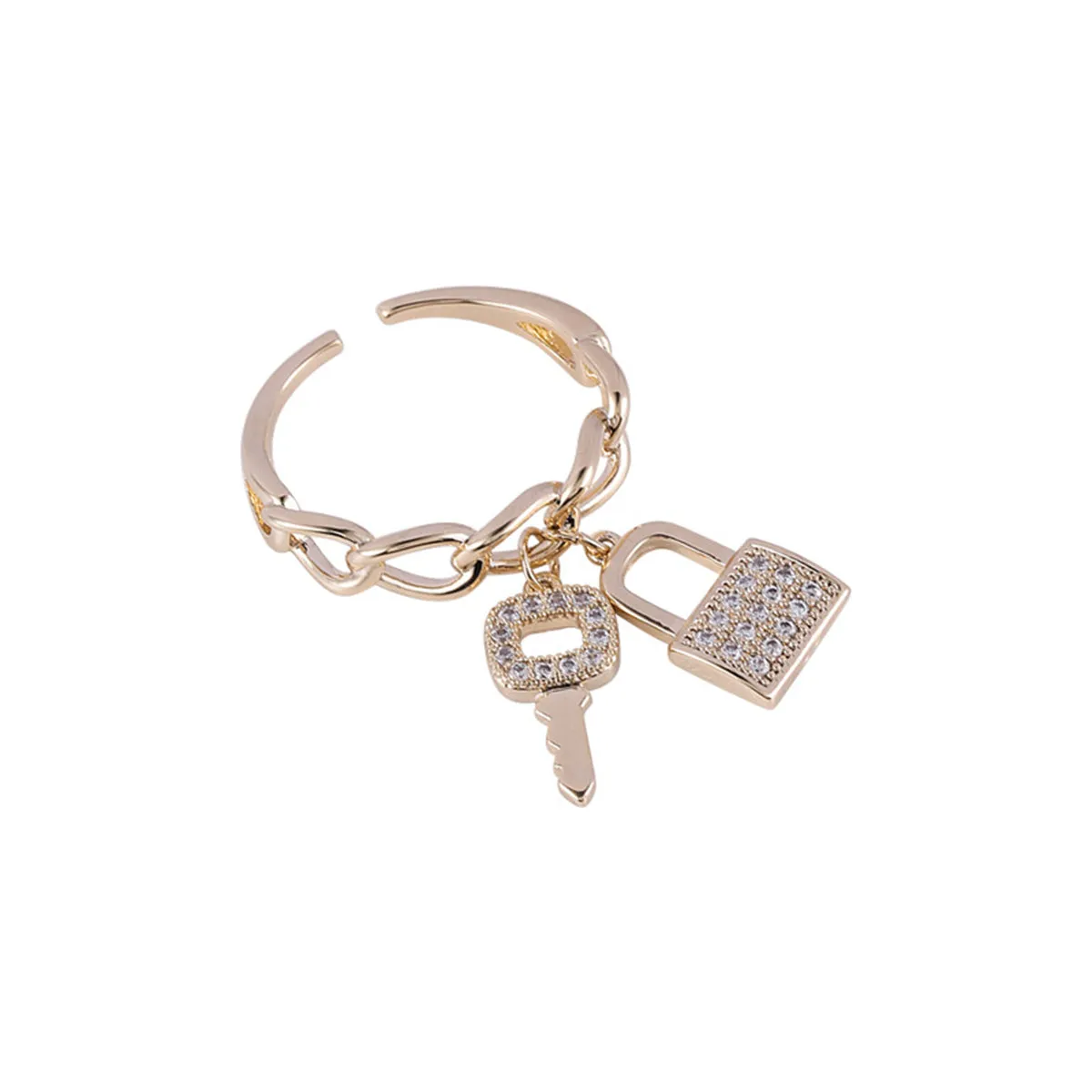 Cubic Zirconia & 18K Gold-Plated Key & Lock Charm Open Ring