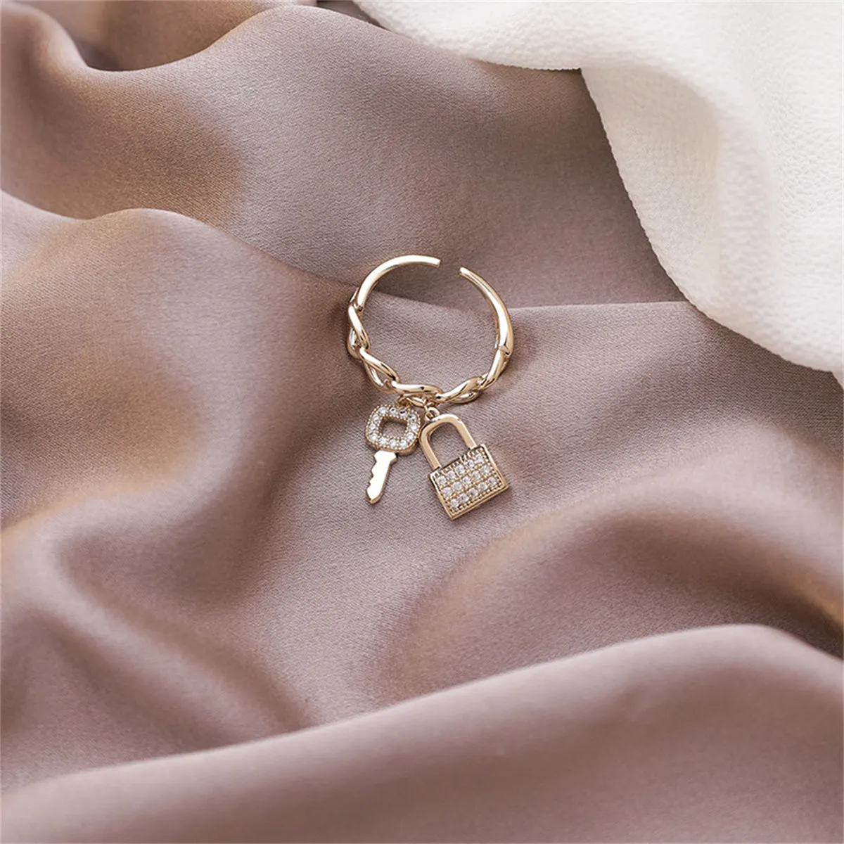 Cubic Zirconia & 18K Gold-Plated Key & Lock Charm Open Ring