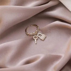 Cubic Zirconia & 18K Gold-Plated Key & Lock Charm Open Ring
