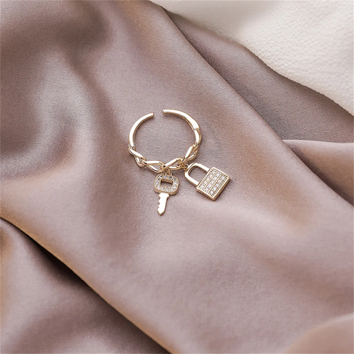 Cubic Zirconia & 18K Gold-Plated Key & Lock Charm Open Ring