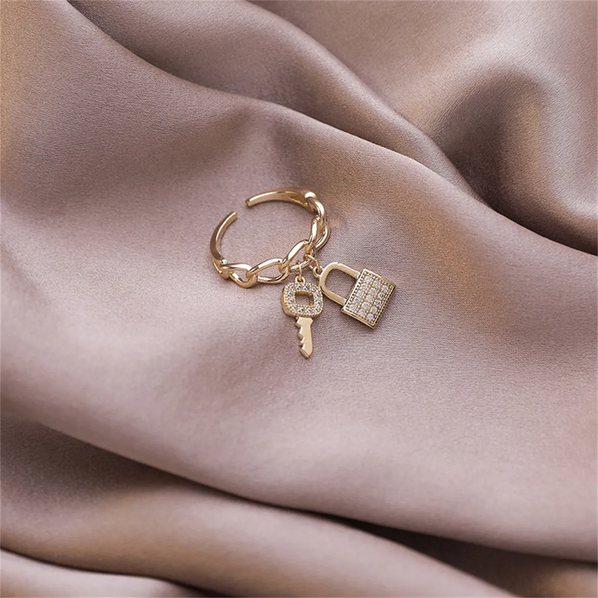 Cubic Zirconia & 18K Gold-Plated Key & Lock Charm Open Ring