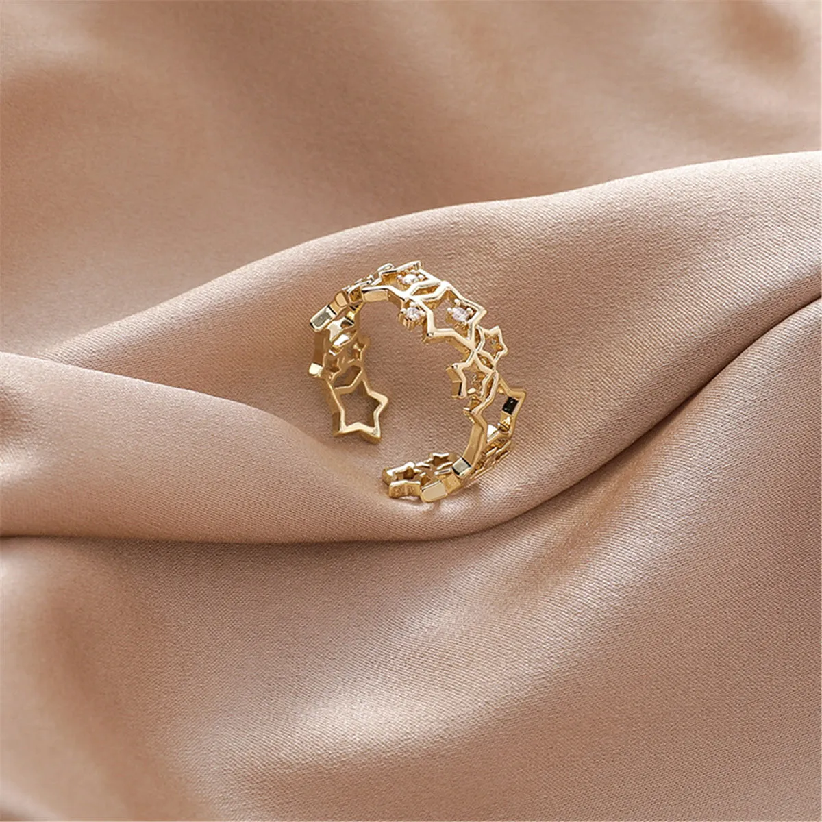 Cubic Zirconia & 18K Gold-Plated Openwork Star Bypass Ring